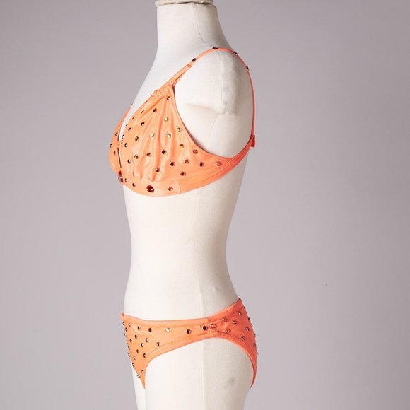 1970s Orange Jeweled Circus Burlesque Costume Bikini